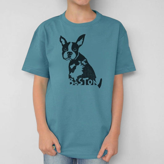 Uni-T kids organic cotton blue t-shirt featuring a hand-illustrated black Boston Terrier puppy graphic