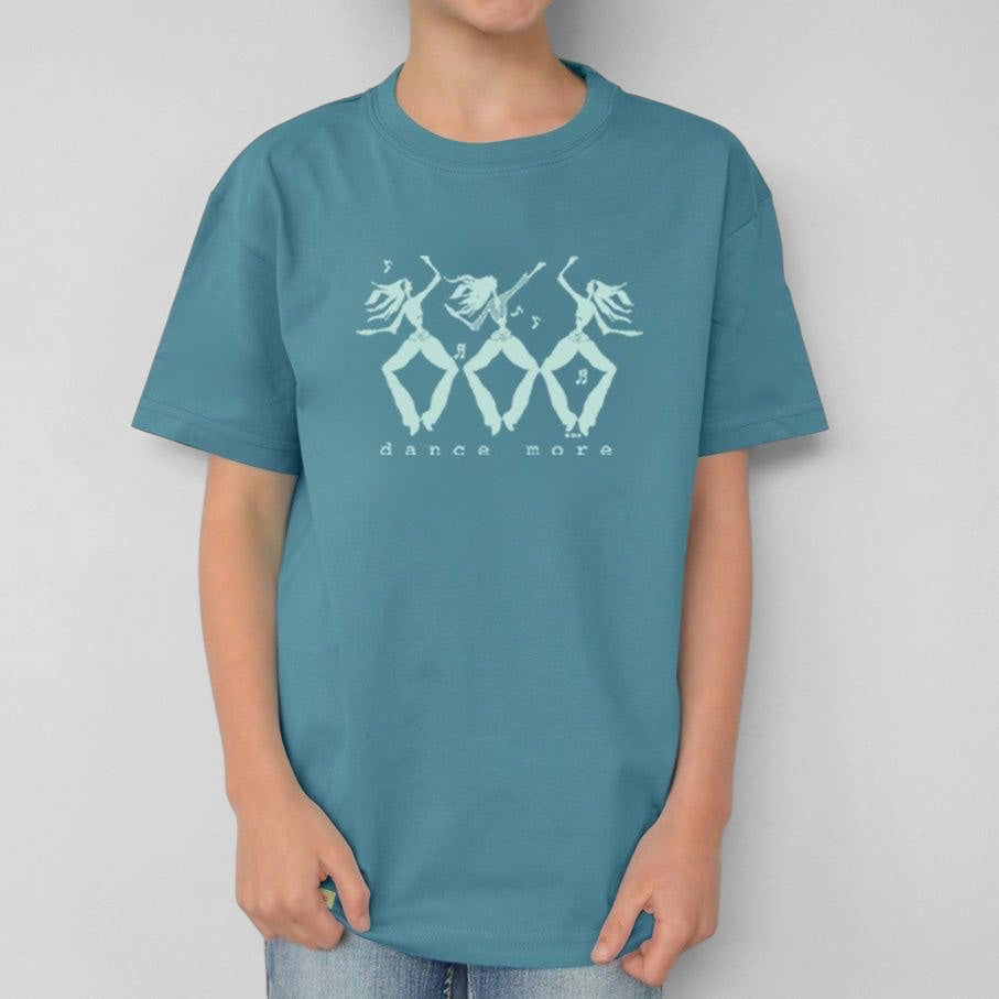 Uni-T kids blue organic cotton t-shirt featuring a white hand-illustrated Dance More graphic of three dancing figures.