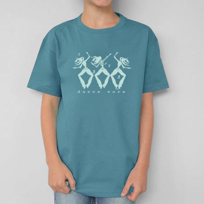 Uni-T kids blue organic cotton t-shirt featuring a white hand-illustrated Dance More graphic of three dancing figures.