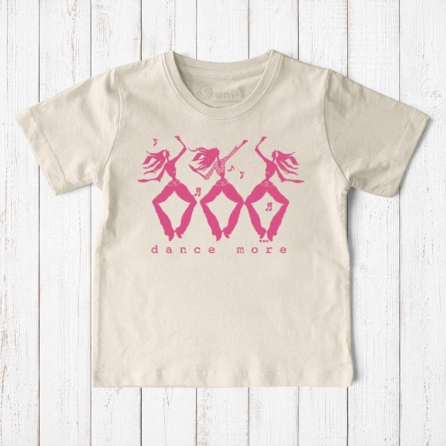 Uni-T kids organic cotton t-shirt in beige with a pink hand-illustrated dance more graphic print