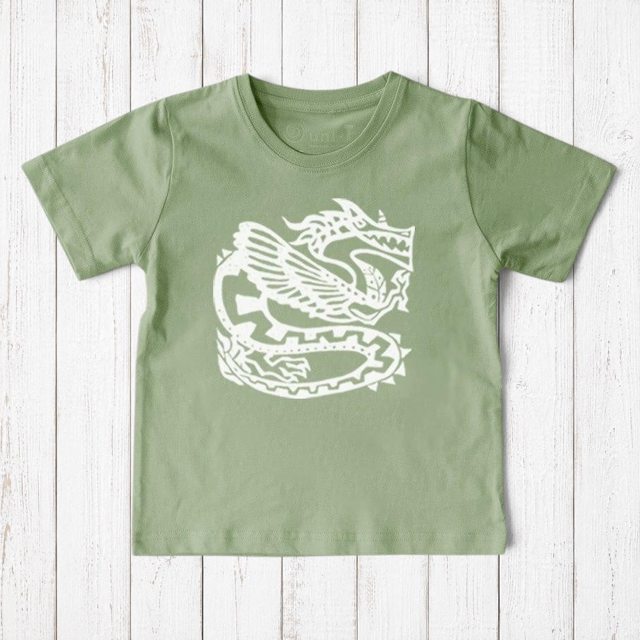 Uni-T kids organic cotton t-shirt in sage green featuring a white hand-illustrated ancient dragon graphic design