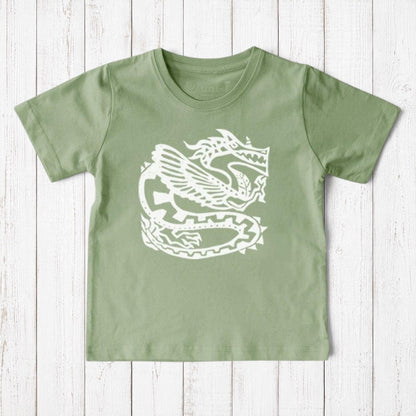 Uni-T kids organic cotton t-shirt in sage green featuring a white hand-illustrated ancient dragon graphic design