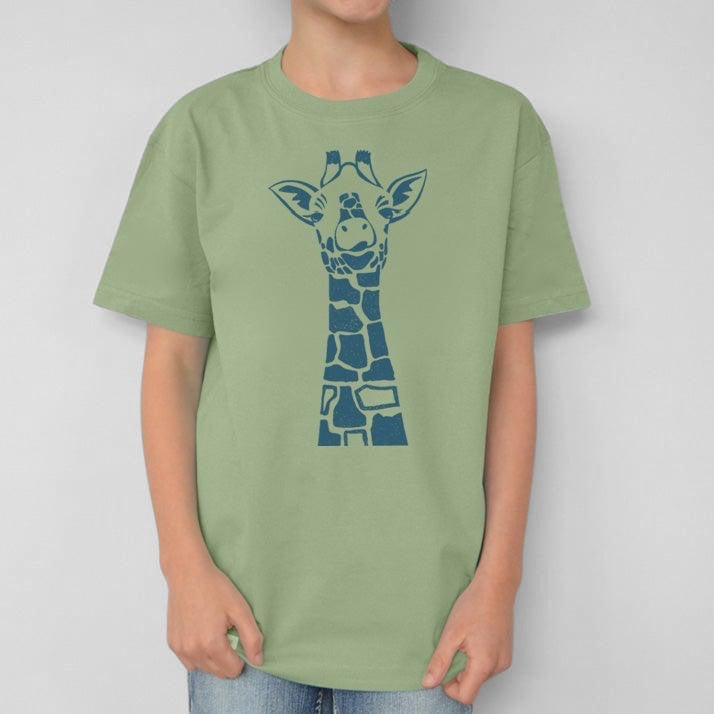Uni-T kids organic cotton t-shirt in sage green featuring a blue whimsical giraffe illustration graphic