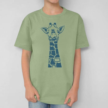 Uni-T kids organic cotton t-shirt in sage green featuring a blue whimsical giraffe illustration graphic