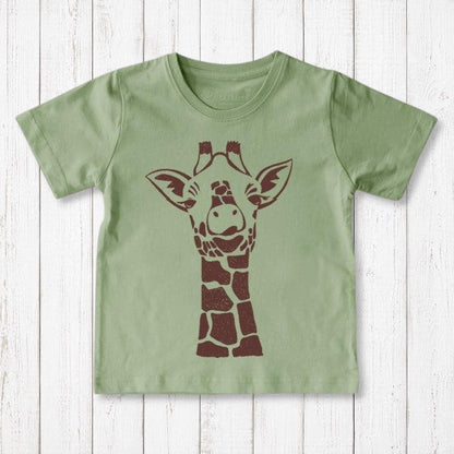 Uni-T kids organic cotton t-shirt in sage green featuring a brown hand-printed giraffe illustration