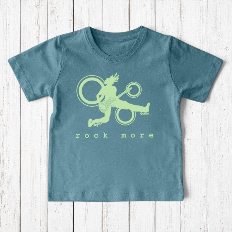Uni-T organic cotton kids t-shirt in blue with a light green hand-drawn guitar graphic and Rock More text
