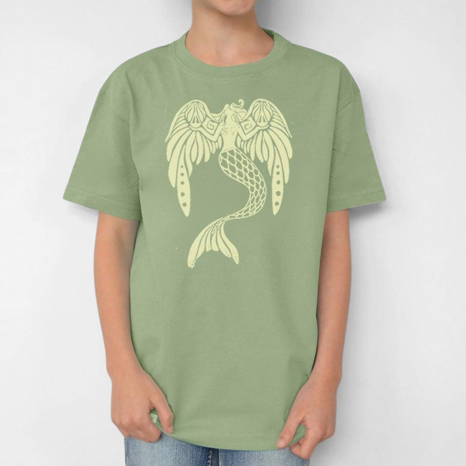 Uni-T kids organic cotton sage green t-shirt featuring a whimsical hand-illustrated mermaid graphic in cream ink.