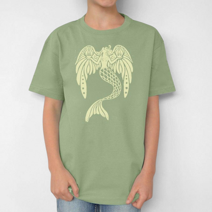 Uni-T kids organic cotton sage green t-shirt featuring a whimsical hand-illustrated mermaid graphic in cream ink.
