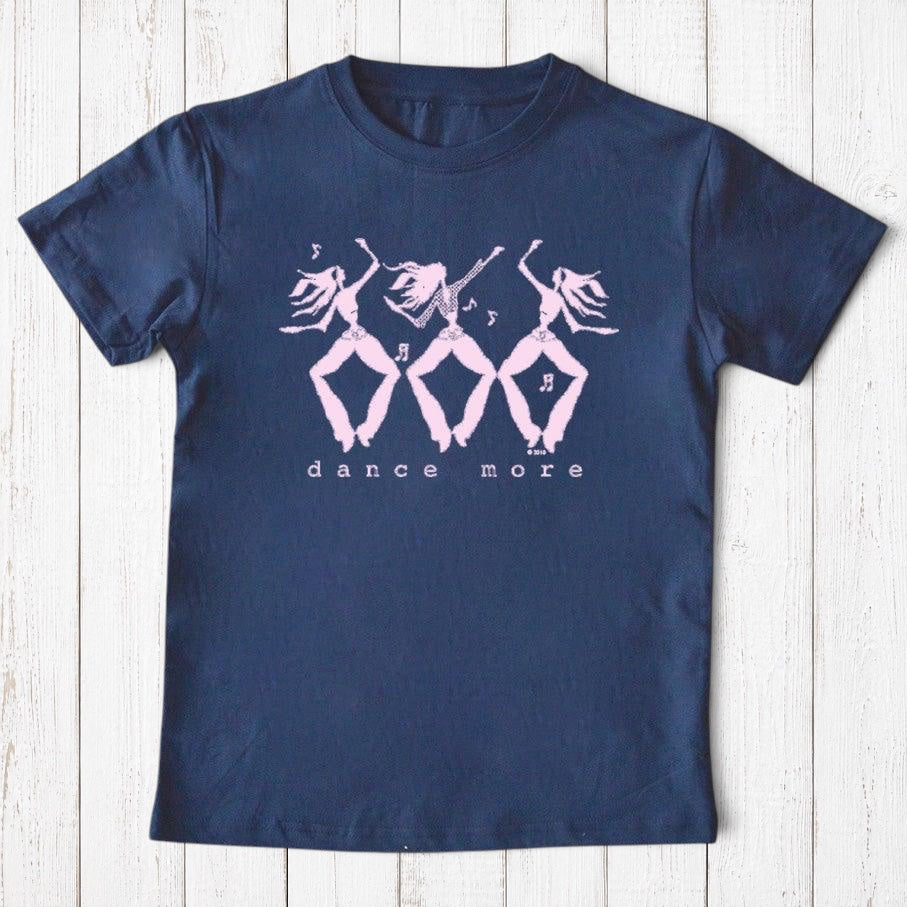 Uni-T kids navy blue organic cotton t-shirt featuring a playful pink hand-illustrated dance more graphic design