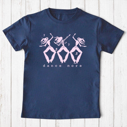 Uni-T kids navy blue organic cotton t-shirt featuring a playful pink hand-illustrated dance more graphic design