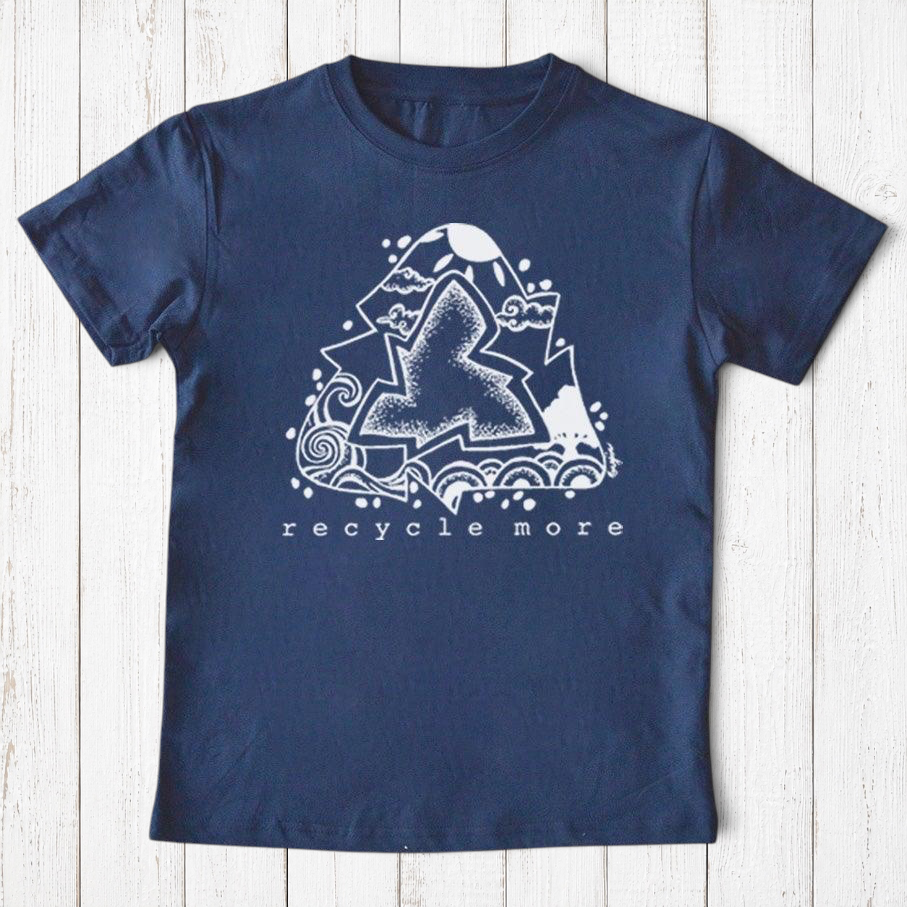 Uni-T kids navy blue organic cotton t-shirt featuring a white hand-illustrated Recycle More graphic design