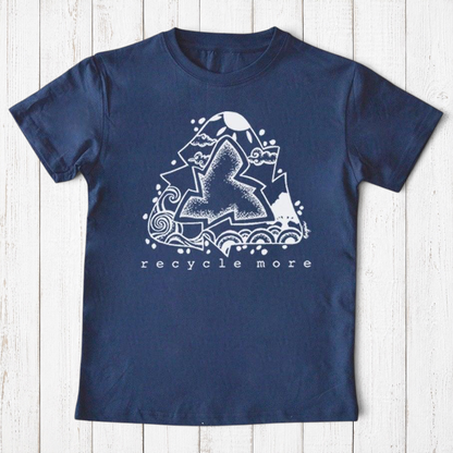 Uni-T kids navy blue organic cotton t-shirt featuring a white hand-illustrated Recycle More graphic design