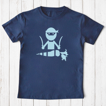 Uni-T kids navy blue organic cotton t-shirt featuring a hand-illustrated ninja chopping a carrot with swords
