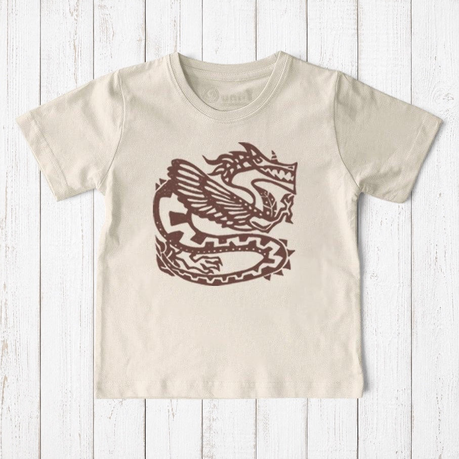 Uni-T kids organic cotton t-shirt in cream featuring a brown hand-illustrated ancient dragon fantasy graphic