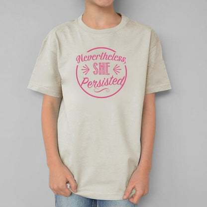 Uni-T kids organic cotton t-shirt in beige with a pink Nevertheless She Persisted graphic print