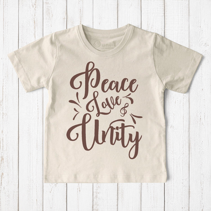 Uni-T kids organic cotton t-shirt in cream with brown hand-drawn Peace Love & Unity typography graphic