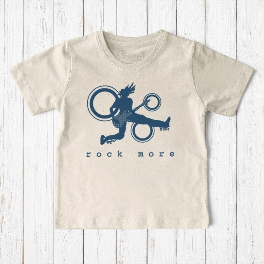 Uni-T kids organic cotton t-shirt in cream with a blue hand-drawn guitar graphic and Rock More text