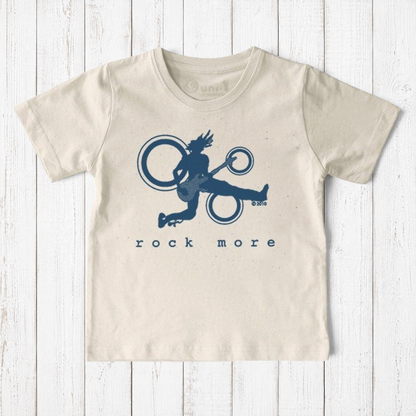 Uni-T kids organic cotton t-shirt in cream with a blue hand-drawn guitar graphic and Rock More text