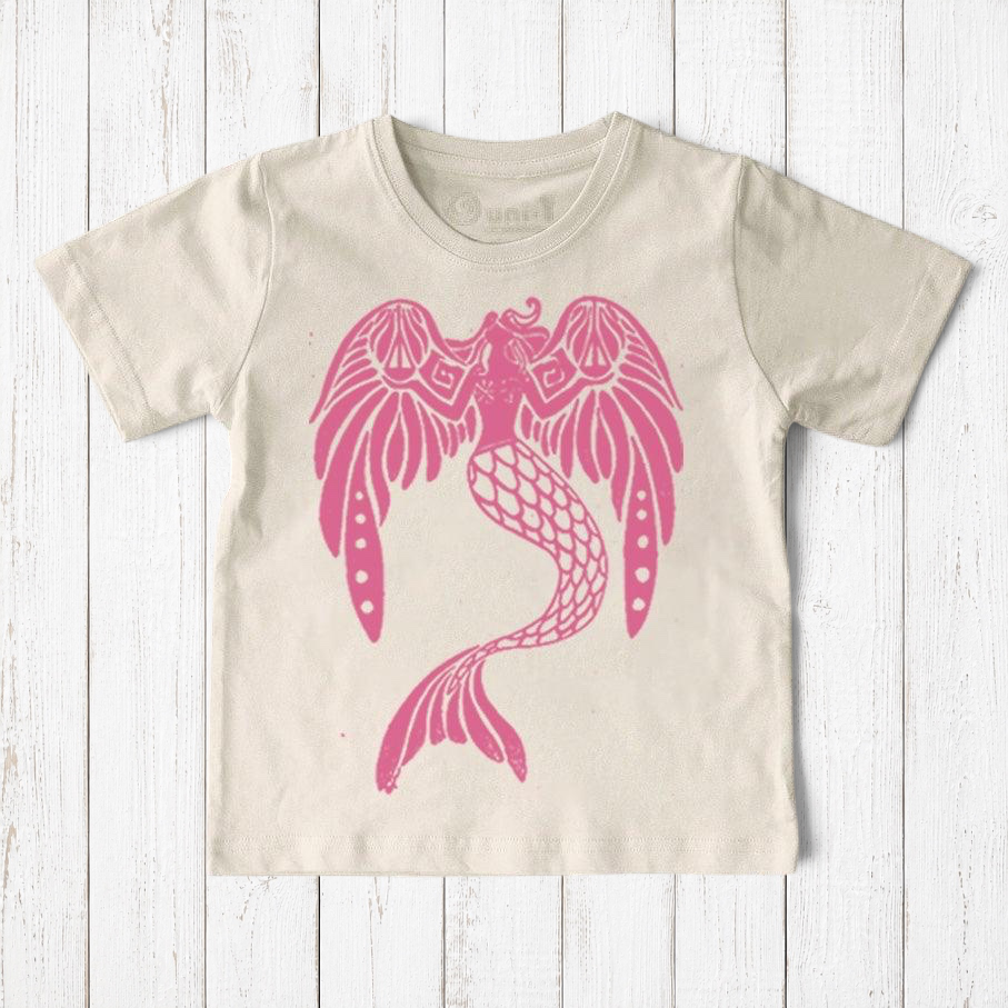 Uni-T kids organic cotton t-shirt in cream with a pink hand-illustrated mermaid graphic holding scales of justice.