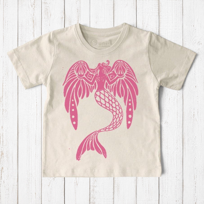 Uni-T kids organic cotton t-shirt in cream with a pink hand-illustrated mermaid graphic holding scales of justice.