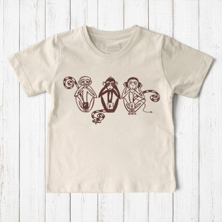 Uni-T kids organic cotton t-shirt in cream featuring a brown graphic of three monkeys holding smartphones