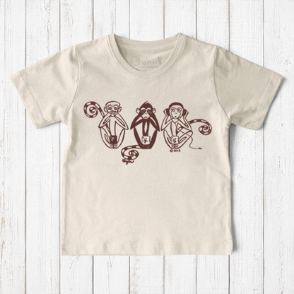 Uni-T kids organic cotton t-shirt in cream featuring a brown graphic of three monkeys holding smartphones