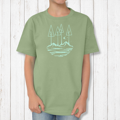 Uni-T kids organic cotton t-shirt in sage green with a hand-illustrated nature graphic of trees, river, and moon.