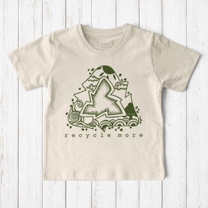 Uni-T kids organic cotton t-shirt in cream with a green hand-illustrated Recycle More graphic on a wood background.