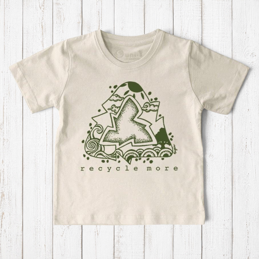Uni-T kids organic cotton t-shirt in cream with a green hand-illustrated Recycle More graphic on a wood background.