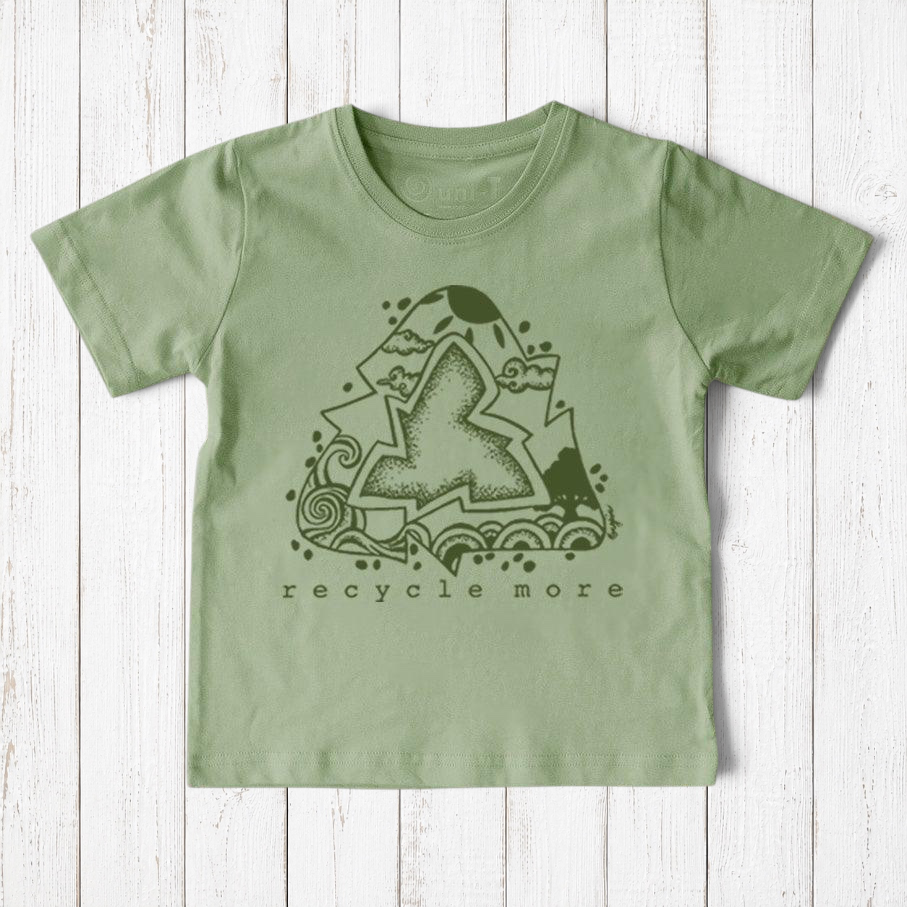 Uni-T kids organic cotton t-shirt in sage green with a hand-illustrated Recycle More graphic in dark green ink.