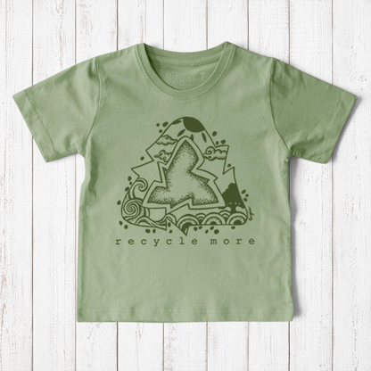 Uni-T kids organic cotton t-shirt in sage green with a hand-illustrated Recycle More graphic in dark green ink.