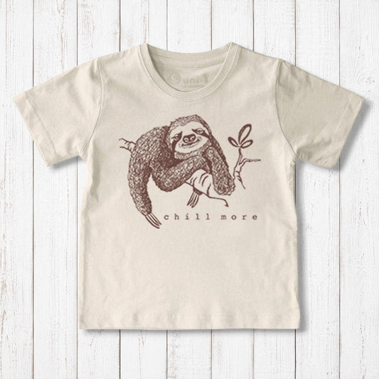 Uni-T kids organic cotton t-shirt in cream featuring a brown hand-illustrated sloth graphic with Chill More text