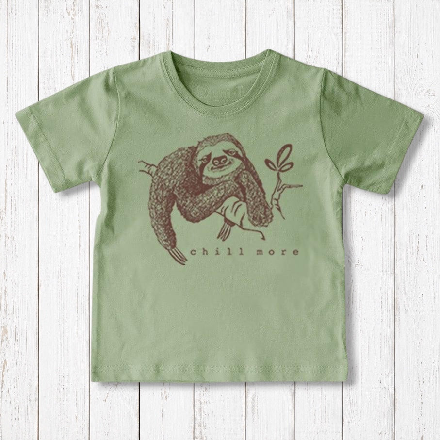 Uni-T kids organic cotton t-shirt in sage green featuring a brown hand-illustrated sloth graphic with Chill More text.