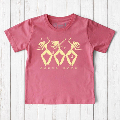 Uni-T kids organic cotton pink t-shirt featuring a whimsical hand-illustrated Dance More graphic in yellow ink.