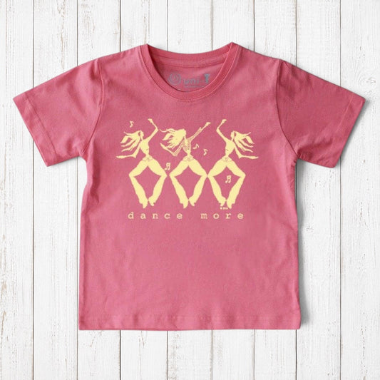 Uni-T kids organic cotton pink t-shirt featuring a whimsical hand-illustrated Dance More graphic in yellow ink.