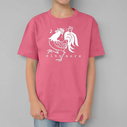 Uni-T kids pink organic cotton t-shirt featuring a white hand-illustrated rooster graphic with Sing More text