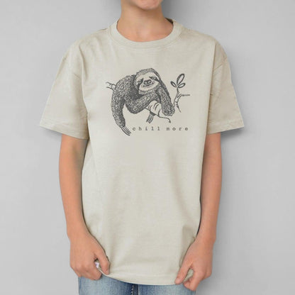 Uni-T kids' beige organic cotton t-shirt featuring a hand-illustrated sloth graphic with the text Chill More