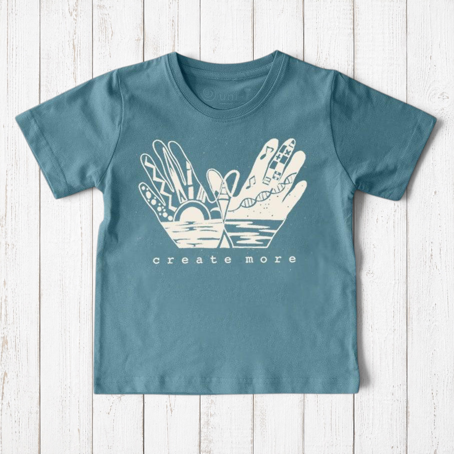 Uni-T kids organic cotton t-shirt in teal with a white hand-drawn Create More graphic illustration