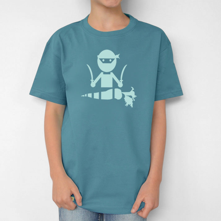 Uni-T kids organic cotton t-shirt in teal featuring a playful hand-illustrated ninja chopping a carrot with swords