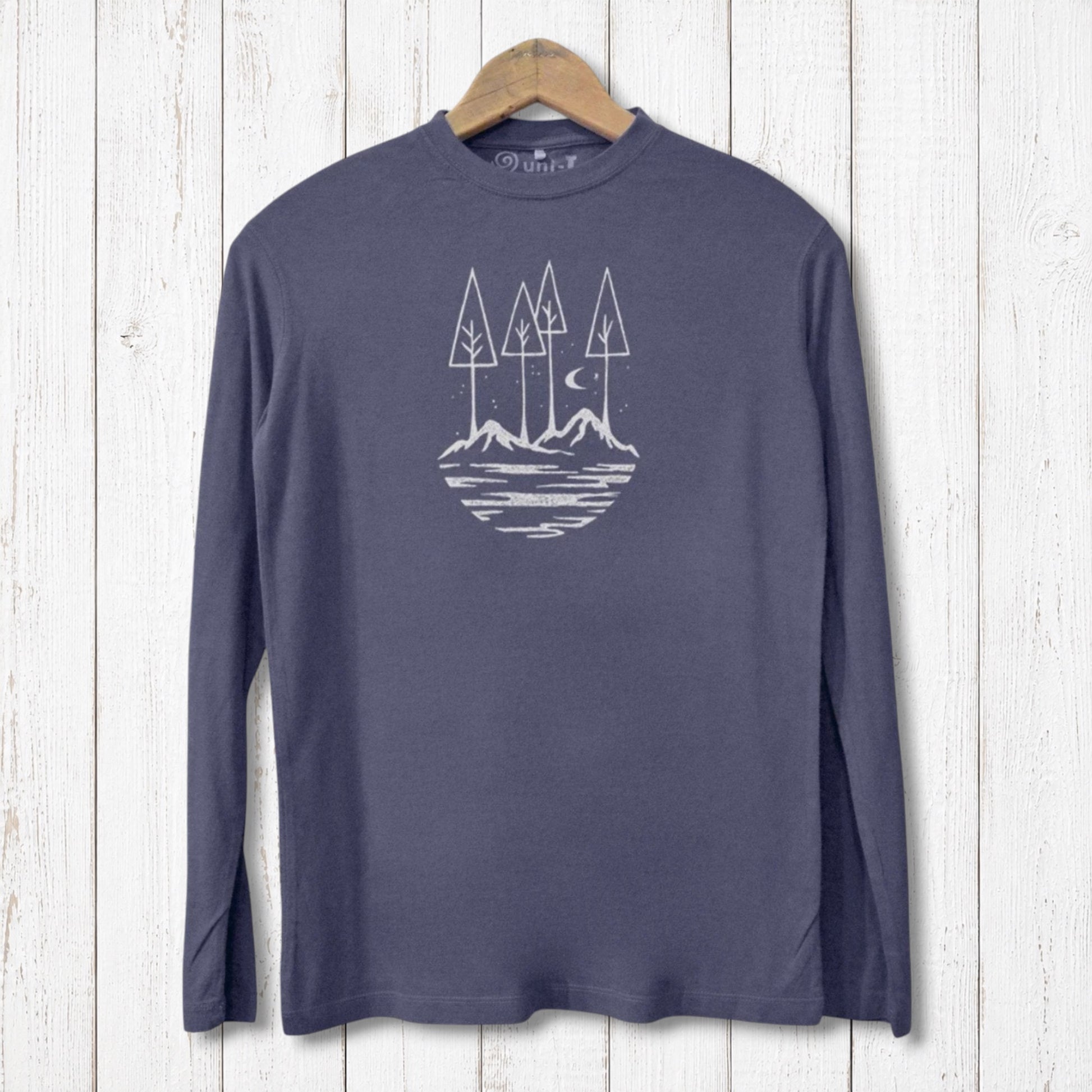 Uni-T long sleeve bamboo t-shirt in dark blue with a white nature-themed mountain and forest graphic print.