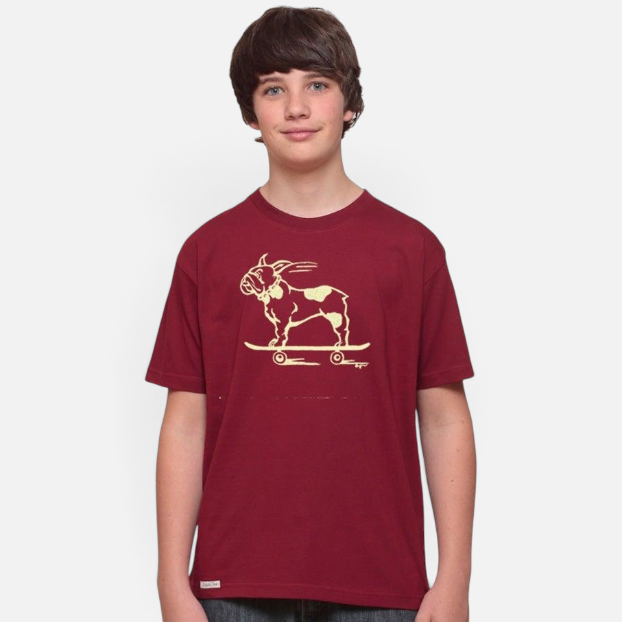 Uni-T kids organic cotton t-shirt in maroon featuring a hand-illustrated French Bulldog riding a skateboard
