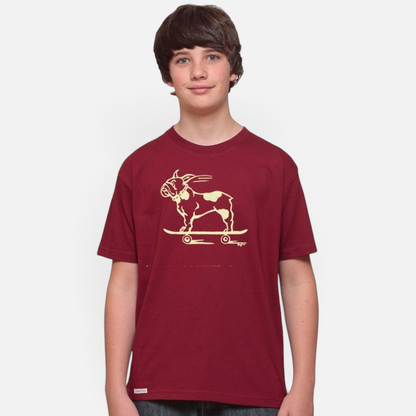 Uni-T kids organic cotton t-shirt in maroon featuring a hand-illustrated French Bulldog riding a skateboard