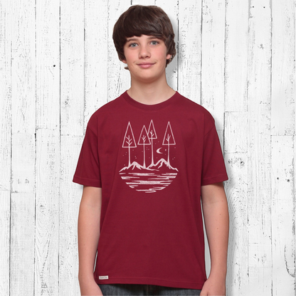 Uni-T kids organic cotton maroon t-shirt featuring a white hand-illustrated nature graphic of trees and the moon