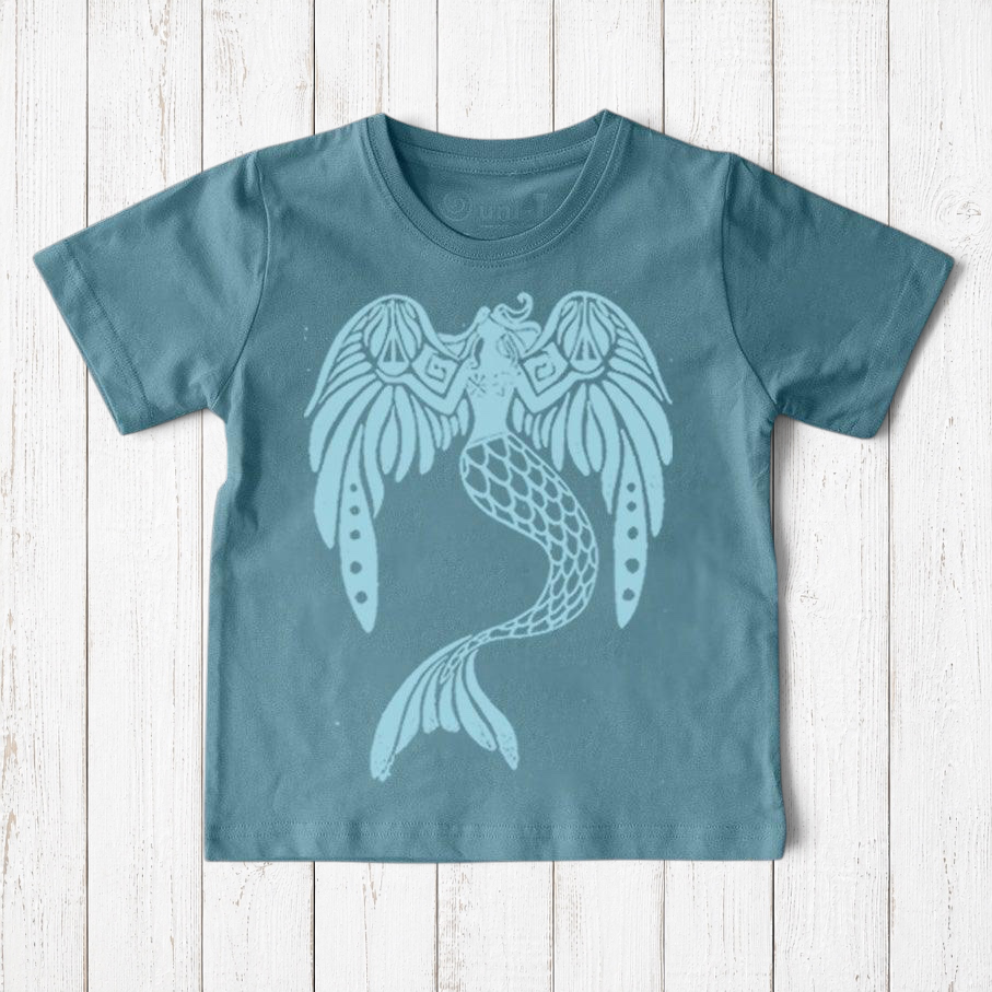 Uni-T kids organic cotton t-shirt in blue featuring a hand-illustrated mermaid graphic holding scales of justice.
