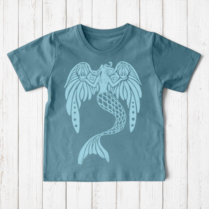 Uni-T kids organic cotton t-shirt in blue featuring a hand-illustrated mermaid graphic holding scales of justice.