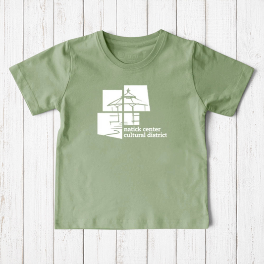 Uni-T kids organic cotton t-shirt in sage green featuring the white Natick Center Cultural District logo on the front.