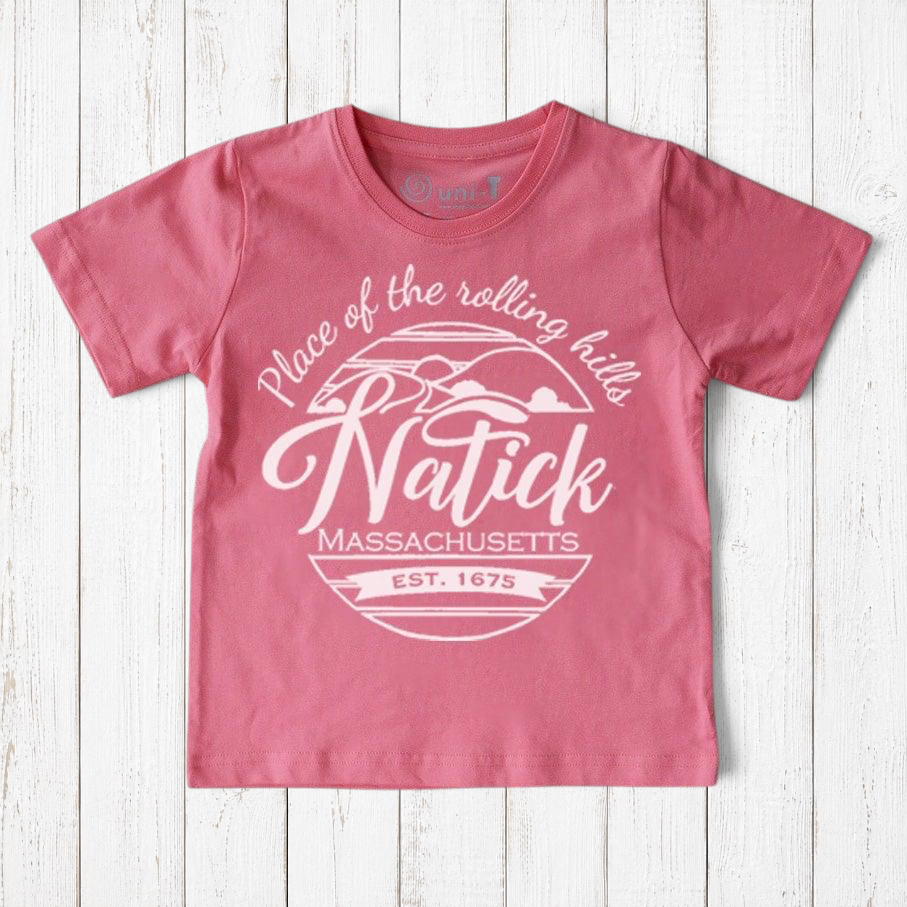 Uni-T kids pink organic cotton t-shirt featuring a white Natick Massachusetts circle logo graphic design