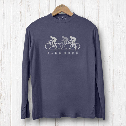 Uni-T men's navy bamboo long sleeve t-shirt with white Bike More graphic print on a rustic white wood background.
