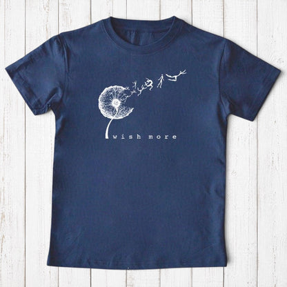 Uni-T navy blue organic cotton kids t-shirt featuring a white hand-illustrated dandelion wish more graphic design