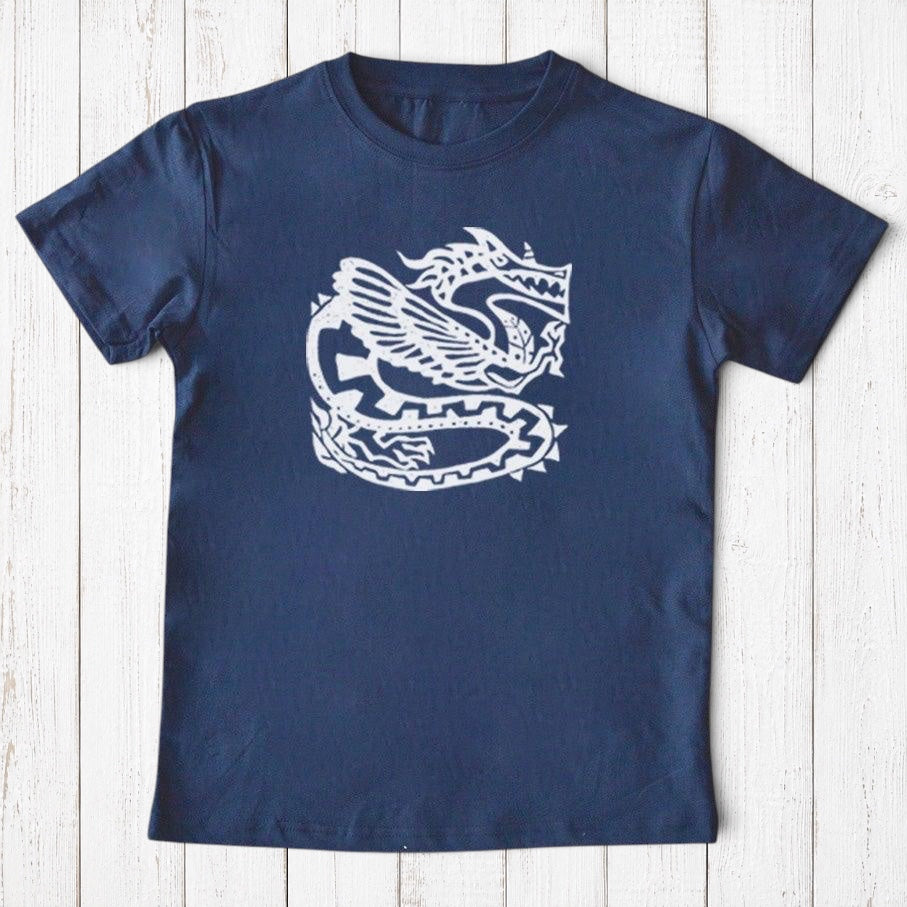 Uni-T kids navy blue organic cotton t-shirt featuring a white hand-illustrated ancient dragon graphic design